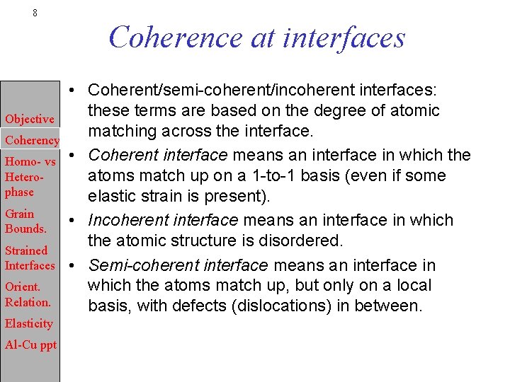 8 Coherence at interfaces Objective Coherency Homo- vs Heterophase Grain Bounds. Strained Interfaces Orient.