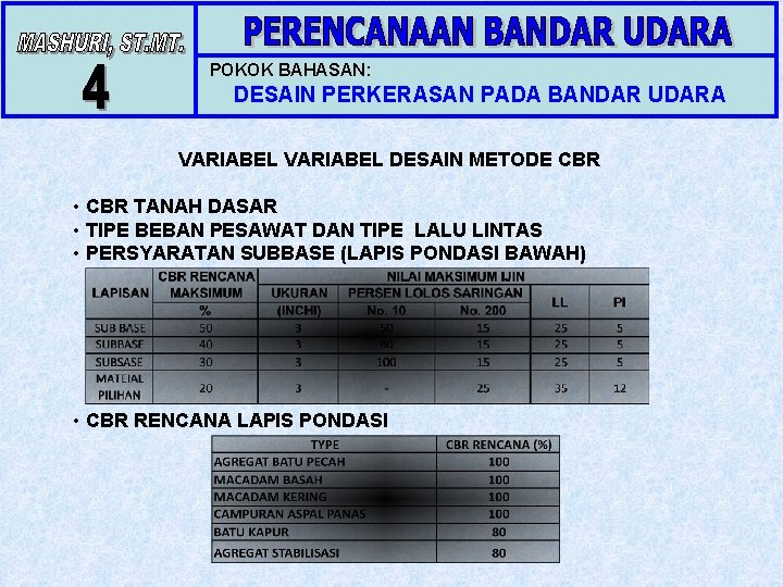 POKOK BAHASAN: DESAIN PERKERASAN PADA BANDAR UDARA VARIABEL DESAIN METODE CBR • CBR TANAH