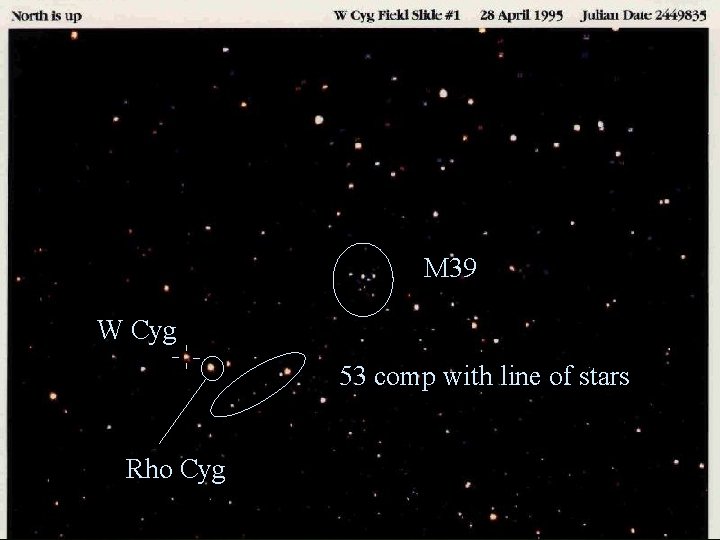 M 39 W Cyg 53 comp with line of stars Rho Cyg 