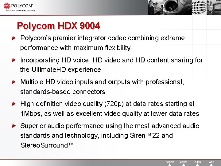 Polycom HDX 9004 Polycom’s premier integrator codec combining extreme performance with maximum flexibility Incorporating