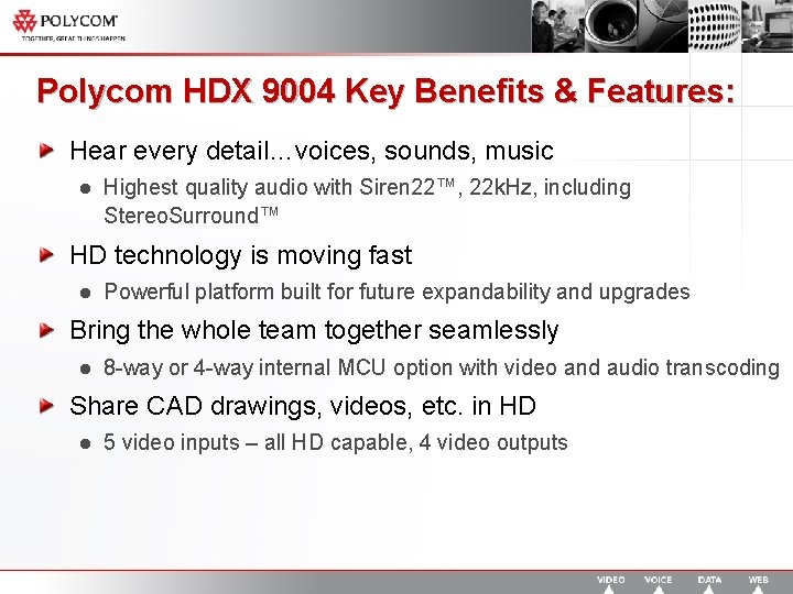 Polycom HDX 9004 Key Benefits & Features: Hear every detail…voices, sounds, music l Highest