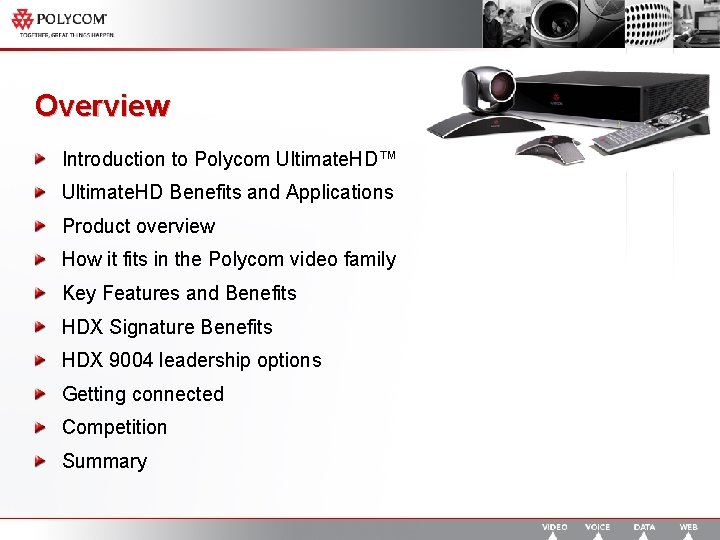 Overview Introduction to Polycom Ultimate. HD™ Ultimate. HD Benefits and Applications Product overview How