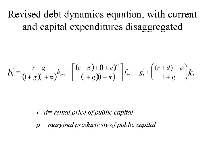 Revised debt dynamics equation, with current and capital expenditures disaggregated r+d= rental price of