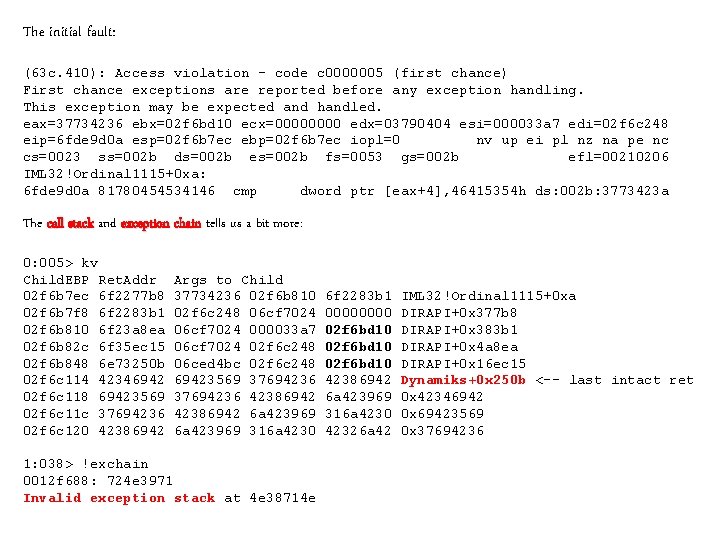 The initial fault: (63 c. 410): Access violation - code c 0000005 (first chance)