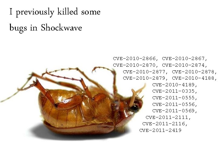 I previously killed some bugs in Shockwave CVE-2010 -2866, CVE-2010 -2867, CVE-2010 -2870, CVE-2010