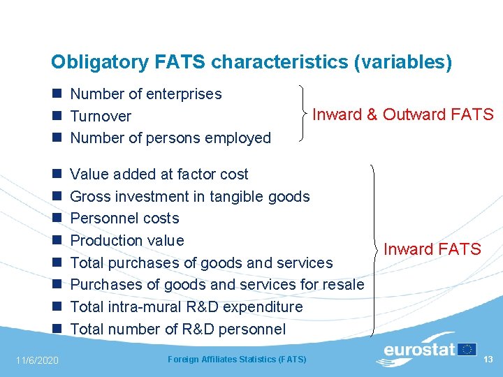 Obligatory FATS characteristics (variables) n Number of enterprises n Turnover n Number of persons