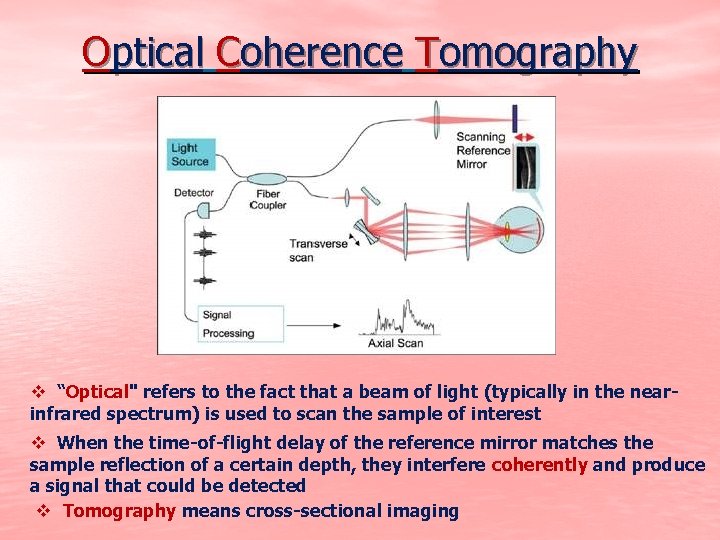 Optical Coherence Tomography v “Optical" refers to the fact that a beam of light