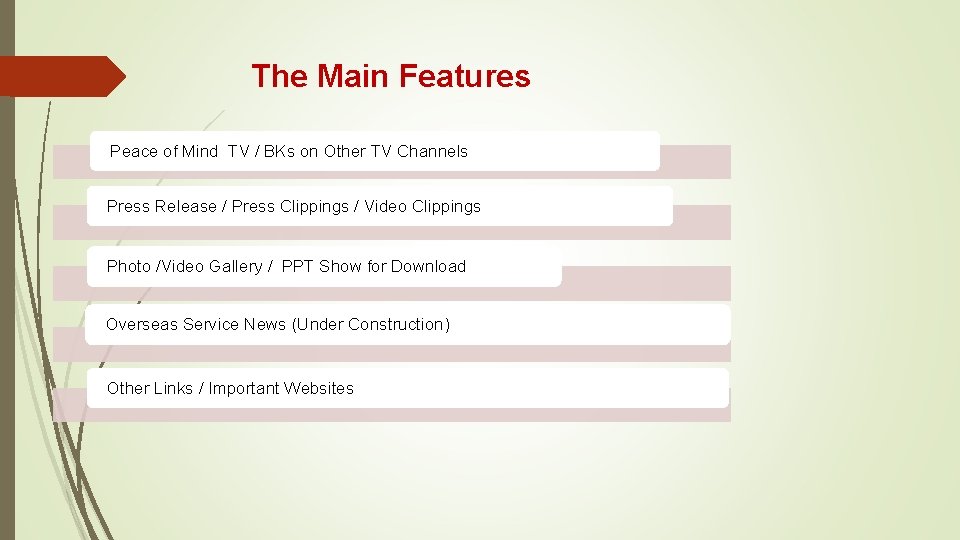 The Main Features Peace of Mind TV / BKs on Other TV Channels Press
