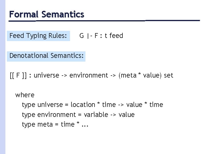 Formal Semantics Feed Typing Rules: G |- F : t feed Denotational Semantics: [[