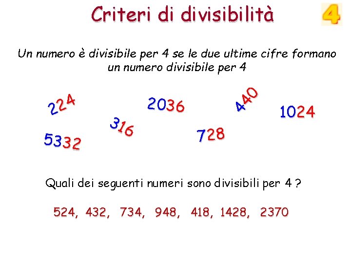 Criteri di divisibilità 4 2 2 5332 316 2036 44 0 Un numero è