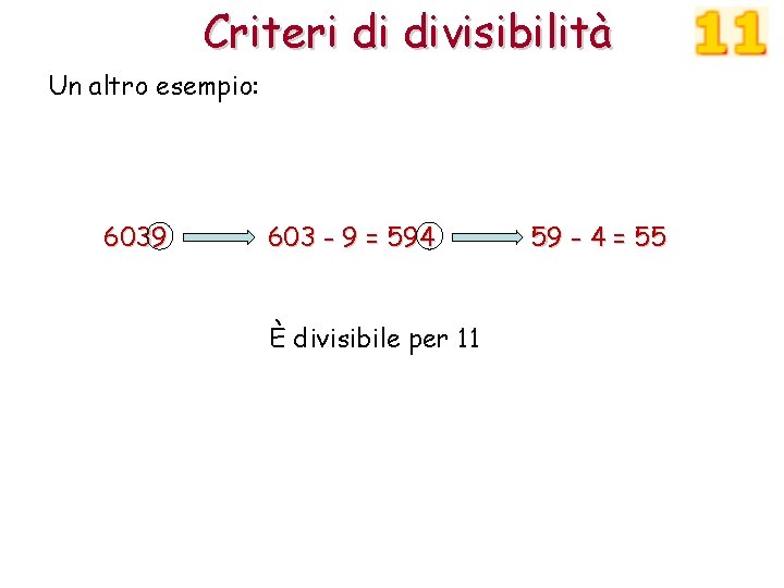 Criteri di divisibilità Un altro esempio: 6039 603 - 9 = 594 È divisibile
