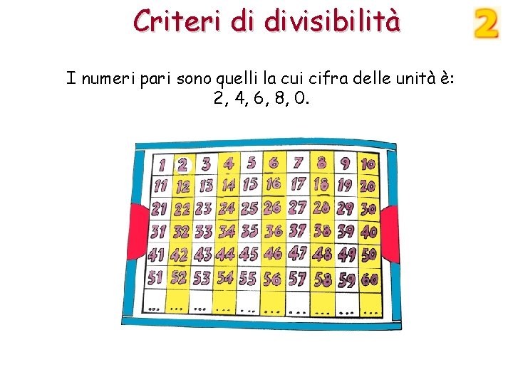 Criteri di divisibilità I numeri pari sono quelli la cui cifra delle unità è: