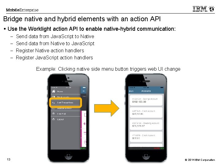 Bridge native and hybrid elements with an action API Use the Worklight action API
