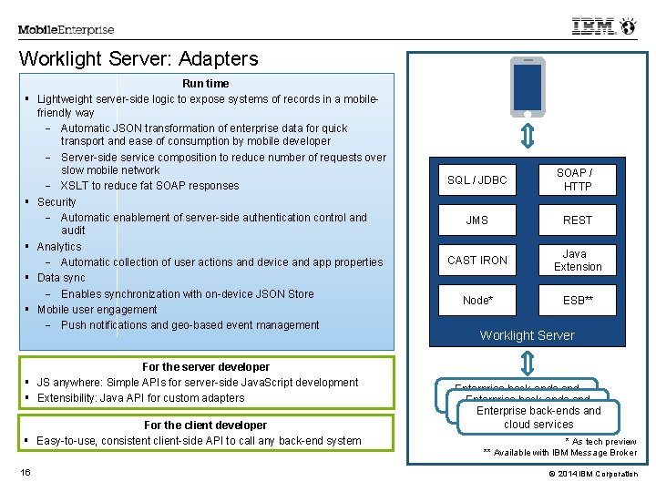 Worklight Server: Adapters Run time Lightweight server-side logic to expose systems of records in