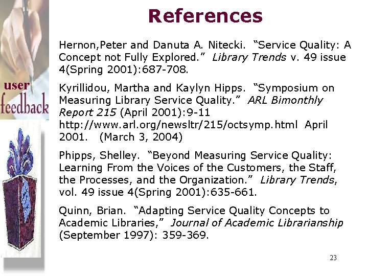 References Hernon, Peter and Danuta A. Nitecki. “Service Quality: A Concept not Fully Explored.