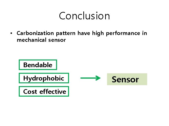Conclusion • Carbonization pattern have high performance in mechanical sensor Bendable Hydrophobic Cost effective