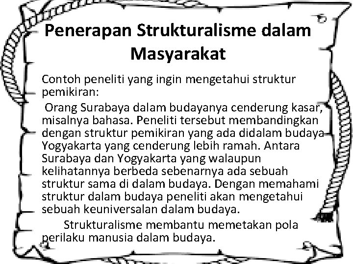 Penerapan Strukturalisme dalam Masyarakat Contoh peneliti yang ingin mengetahui struktur pemikiran: Orang Surabaya dalam