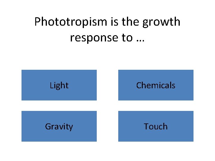 Phototropism is the growth response to … Light Chemicals Gravity Touch 