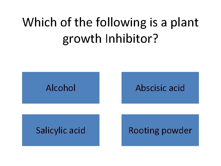 Which of the following is a plant growth Inhibitor? Alcohol Abscisic acid Salicylic acid