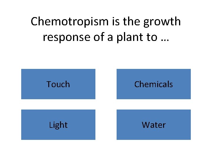 Chemotropism is the growth response of a plant to … Touch Chemicals Light Water