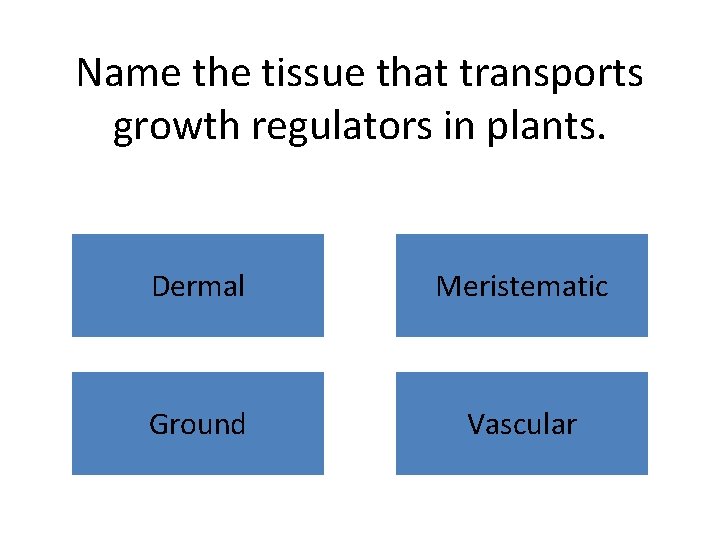 Name the tissue that transports growth regulators in plants. Dermal Meristematic Ground Vascular 