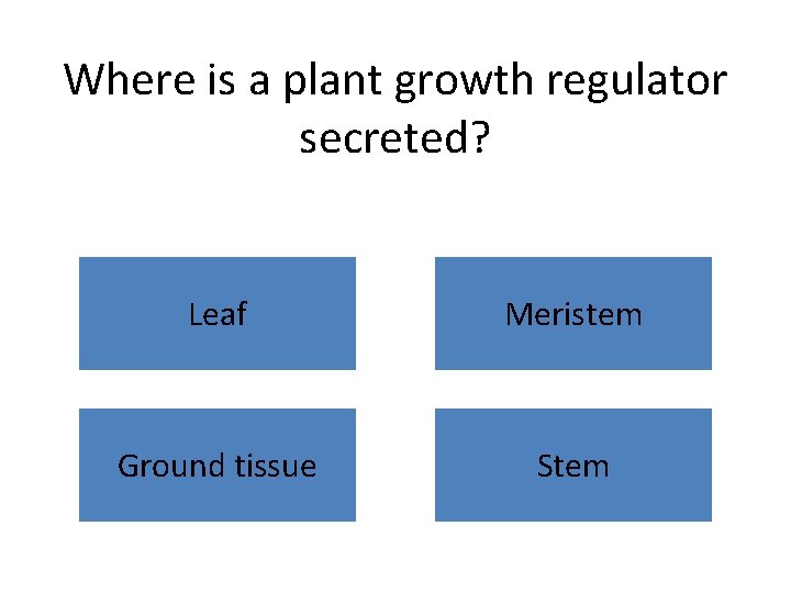 Where is a plant growth regulator secreted? Leaf Meristem Ground tissue Stem 