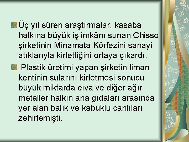 Üç yıl süren araştırmalar, kasaba halkına büyük iş imkânı sunan Chisso şirketinin Minamata Körfezini