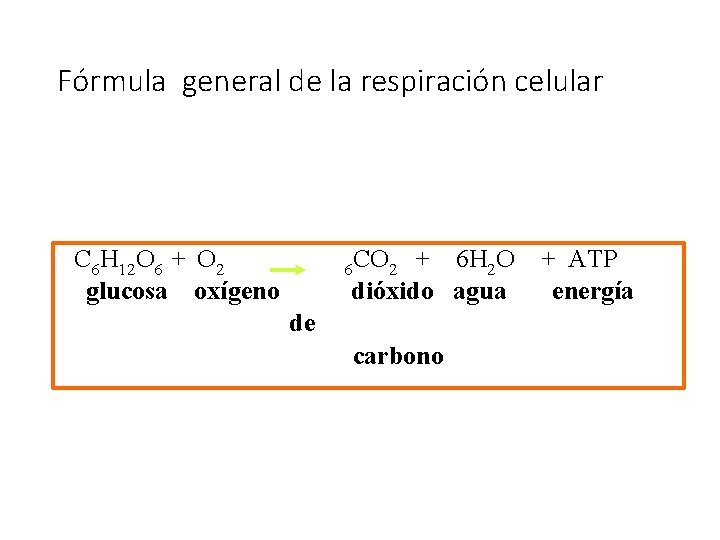 Fórmula general de la respiración celular C 6 H 12 O 6 + O