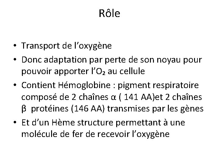 Rôle • Transport de l’oxygène • Donc adaptation par perte de son noyau pour