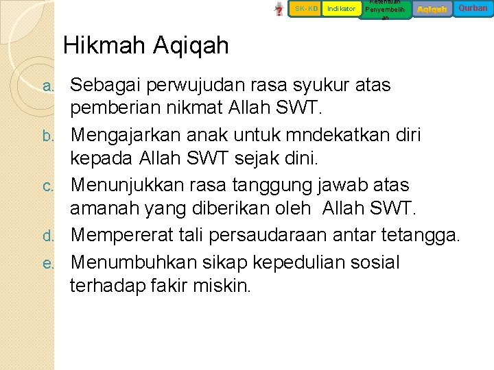 SK-KD Indikator Ketentuan Penyembelih an Aqiqah Qurban Hikmah Aqiqah a. b. c. d. e.