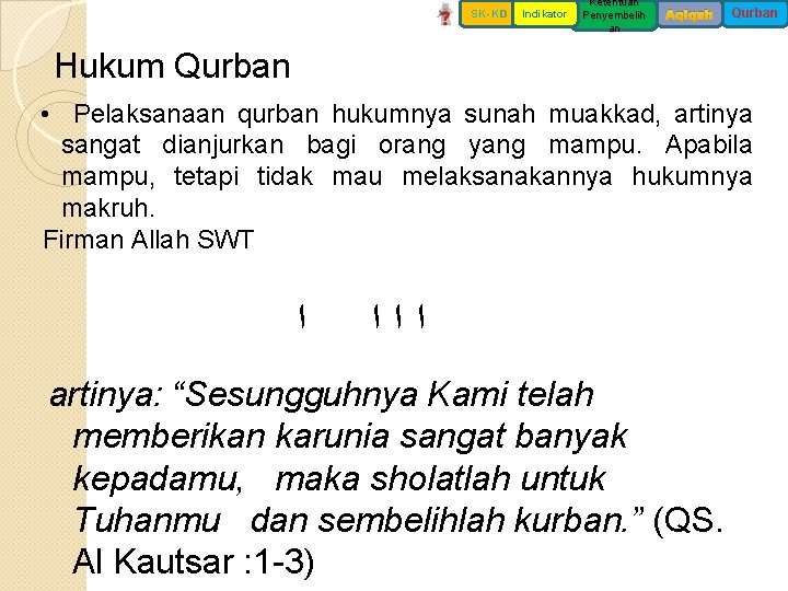 SK-KD Indikator Ketentuan Penyembelih an Aqiqah Qurban Hukum Qurban • Pelaksanaan qurban hukumnya sunah