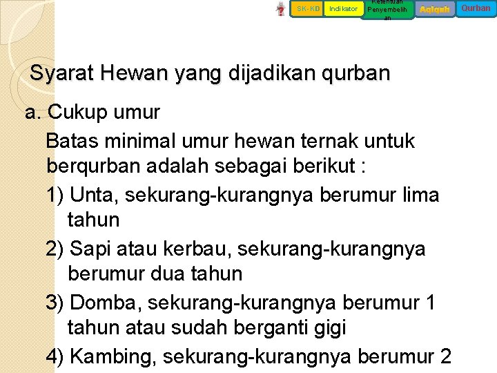 SK-KD Indikator Ketentuan Penyembelih an Aqiqah Syarat Hewan yang dijadikan qurban a. Cukup umur