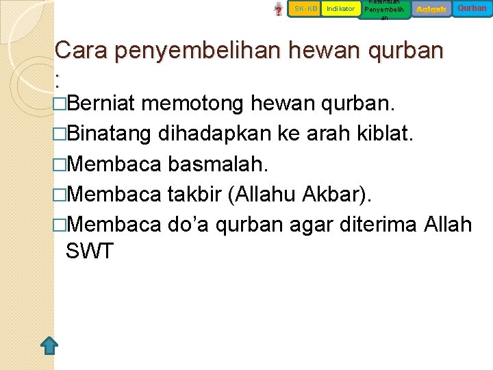 SK-KD Indikator Ketentuan Penyembelih an Aqiqah Cara penyembelihan hewan qurban : �Berniat Qurban memotong