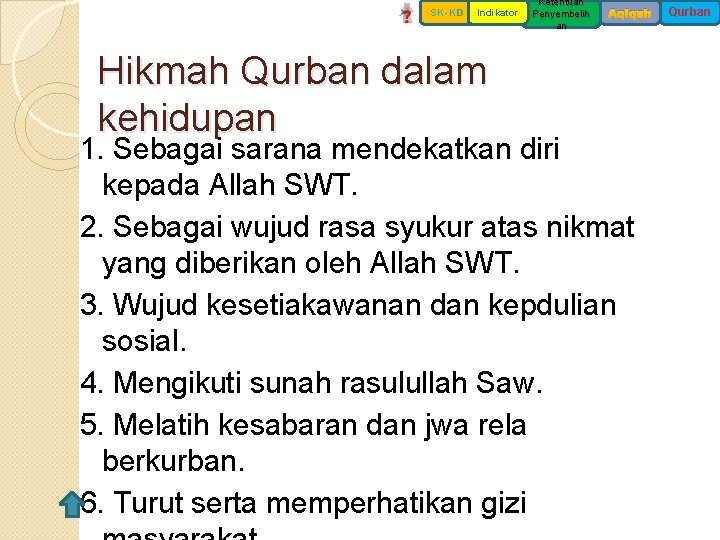 SK-KD Indikator Hikmah Qurban dalam kehidupan Ketentuan Penyembelih an Aqiqah 1. Sebagai sarana mendekatkan