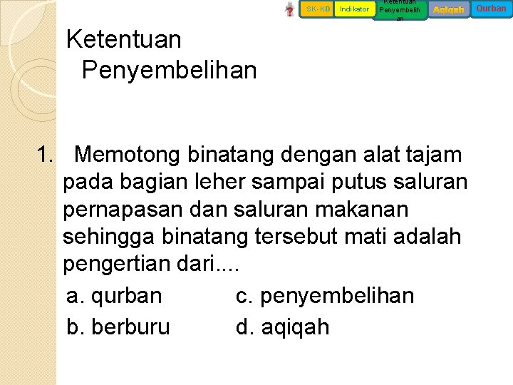 SK-KD Indikator Ketentuan Penyembelih an Aqiqah Ketentuan Penyembelihan 1. Memotong binatang dengan alat tajam