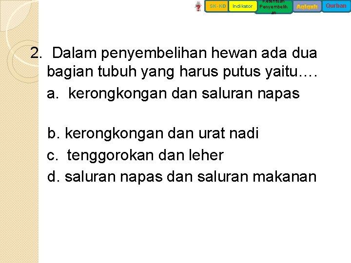 SK-KD Indikator Ketentuan Penyembelih an Aqiqah 2. Dalam penyembelihan hewan ada dua bagian tubuh