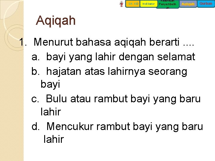 SK-KD Indikator Ketentuan Penyembelih an Aqiqah Qurban Aqiqah 1. Menurut bahasa aqiqah berarti. .