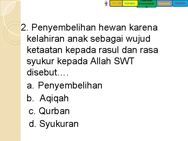 SK-KD Indikator Ketentuan Penyembelih an 2. Penyembelihan hewan karena kelahiran anak sebagai wujud ketaatan