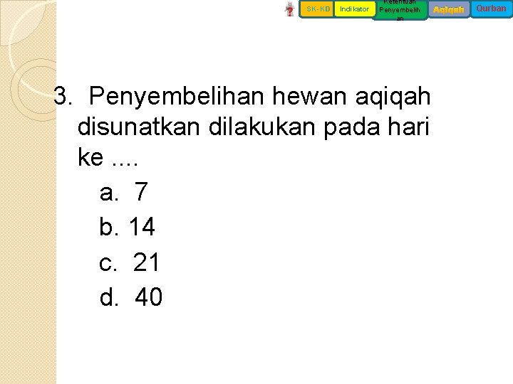 SK-KD Indikator Ketentuan Penyembelih an 3. Penyembelihan hewan aqiqah disunatkan dilakukan pada hari ke.