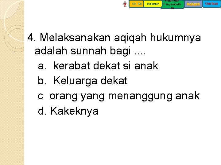 SK-KD Indikator Ketentuan Penyembelih an Aqiqah 4. Melaksanakan aqiqah hukumnya adalah sunnah bagi. .