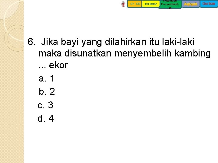 SK-KD Indikator Ketentuan Penyembelih an Aqiqah Qurban 6. Jika bayi yang dilahirkan itu laki-laki