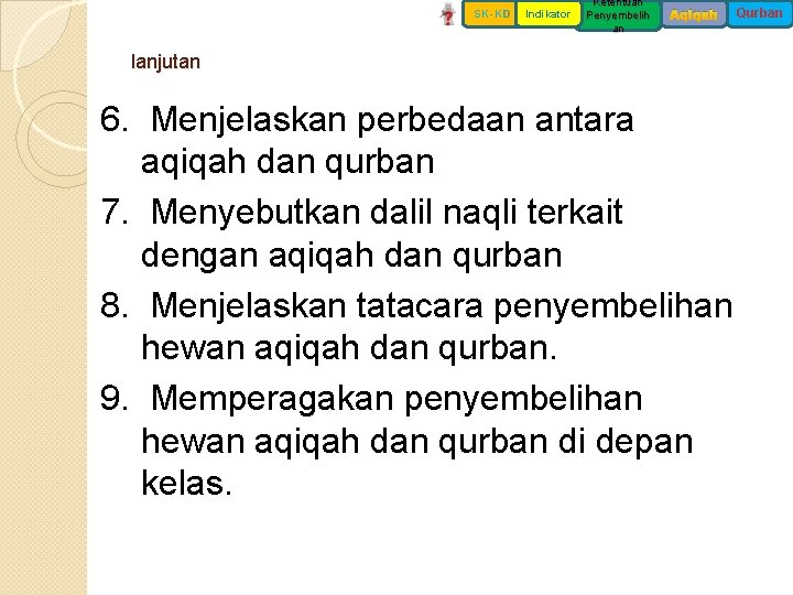 SK-KD Indikator Ketentuan Penyembelih an Aqiqah lanjutan 6. Menjelaskan perbedaan antara aqiqah dan qurban