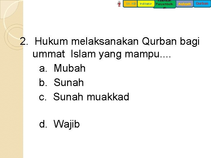 SK-KD Indikator Ketentuan Penyembelih an Aqiqah Qurban 2. Hukum melaksanakan Qurban bagi ummat Islam