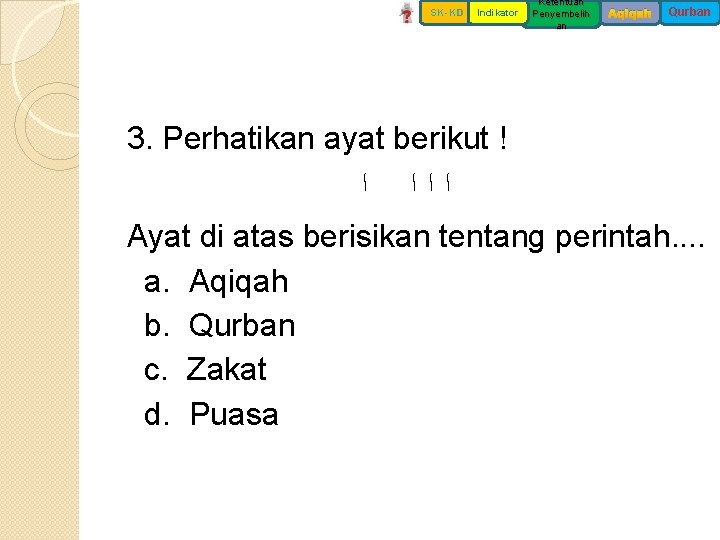 SK-KD Indikator Ketentuan Penyembelih an Aqiqah Qurban 3. Perhatikan ayat berikut ! ﺍ ﺍﺍﺍ