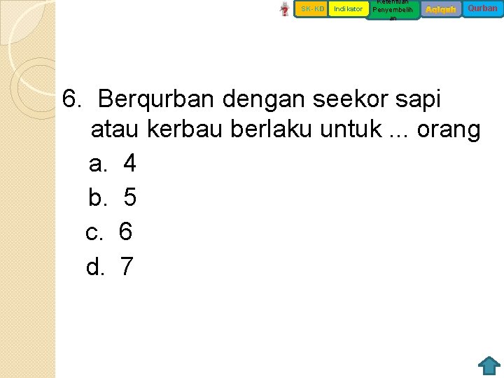 SK-KD Indikator Ketentuan Penyembelih an Aqiqah Qurban 6. Berqurban dengan seekor sapi atau kerbau