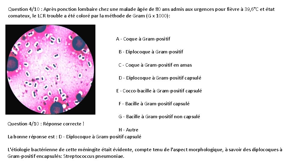 Question 4/10 : Après ponction lombaire chez une malade âgée de 80 ans admis