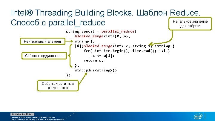 Intel® Threading Building Blocks. Шаблон Reduce. Начальное значение Способ с parallel_reduce для свёртки string