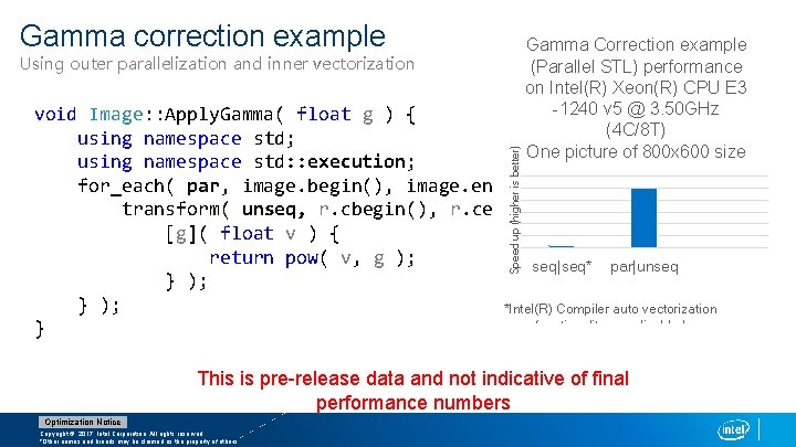 Gamma correction example Using outer parallelization and inner vectorization Gamma Correction example (Parallel STL)