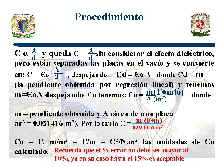 Procedimiento Cα A d y queda C = A sin considerar el efecto dieléctrico,