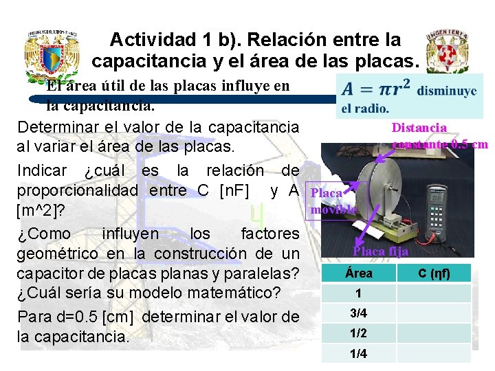 Actividad 1 b). Relación entre la capacitancia y el área de las placas. El